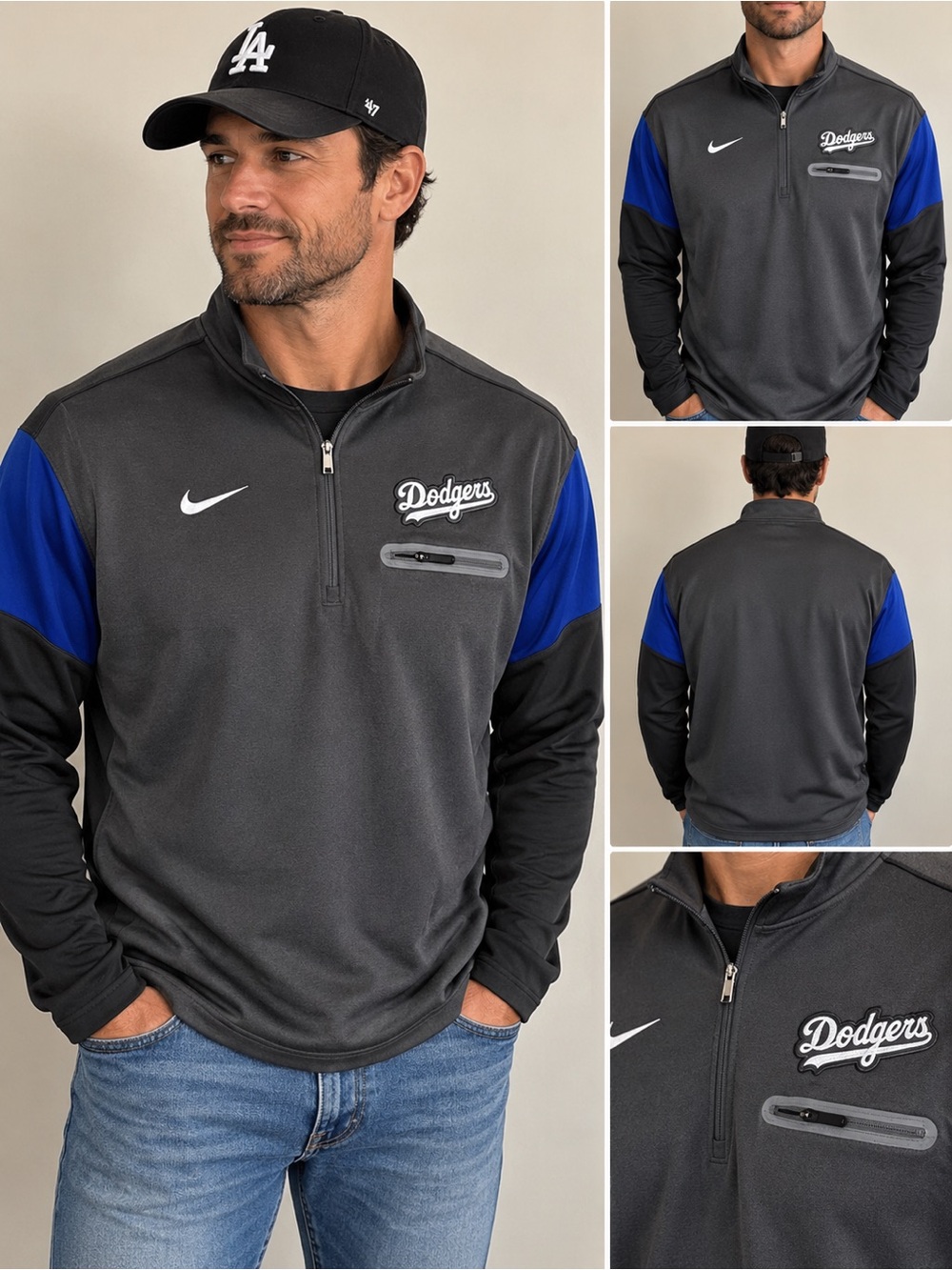 Nike Los Angeles Dodgers Men's Charcoal & Royal Quarter-Zip Pullover